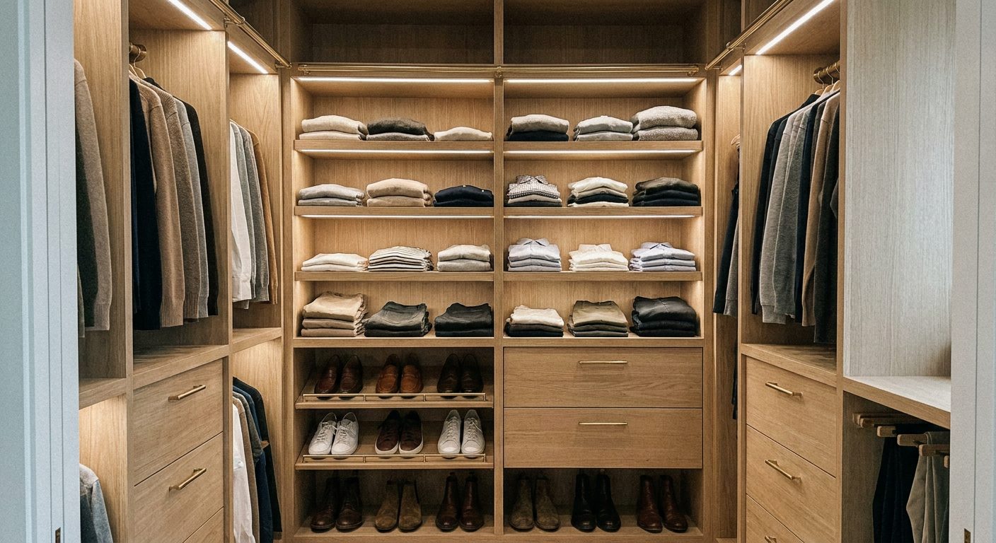 Walk-in sur mesure en chêne blanc avec rails en laiton